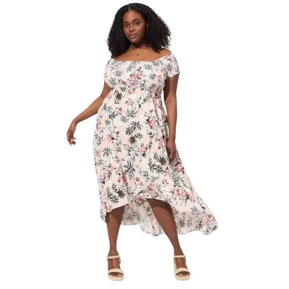 TORRID  Black Floral Tropical Print Challis Hi-Lo Off Shoulder Maxi Dress 3X - Picture 1 of 16